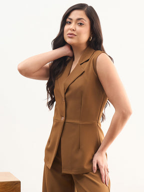 Tan Brown Notch Collar Sleeveless Regular Top-SASSAFRAS worklyf