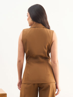 Tan Brown Notch Collar Sleeveless Regular Top-SASSAFRAS worklyf