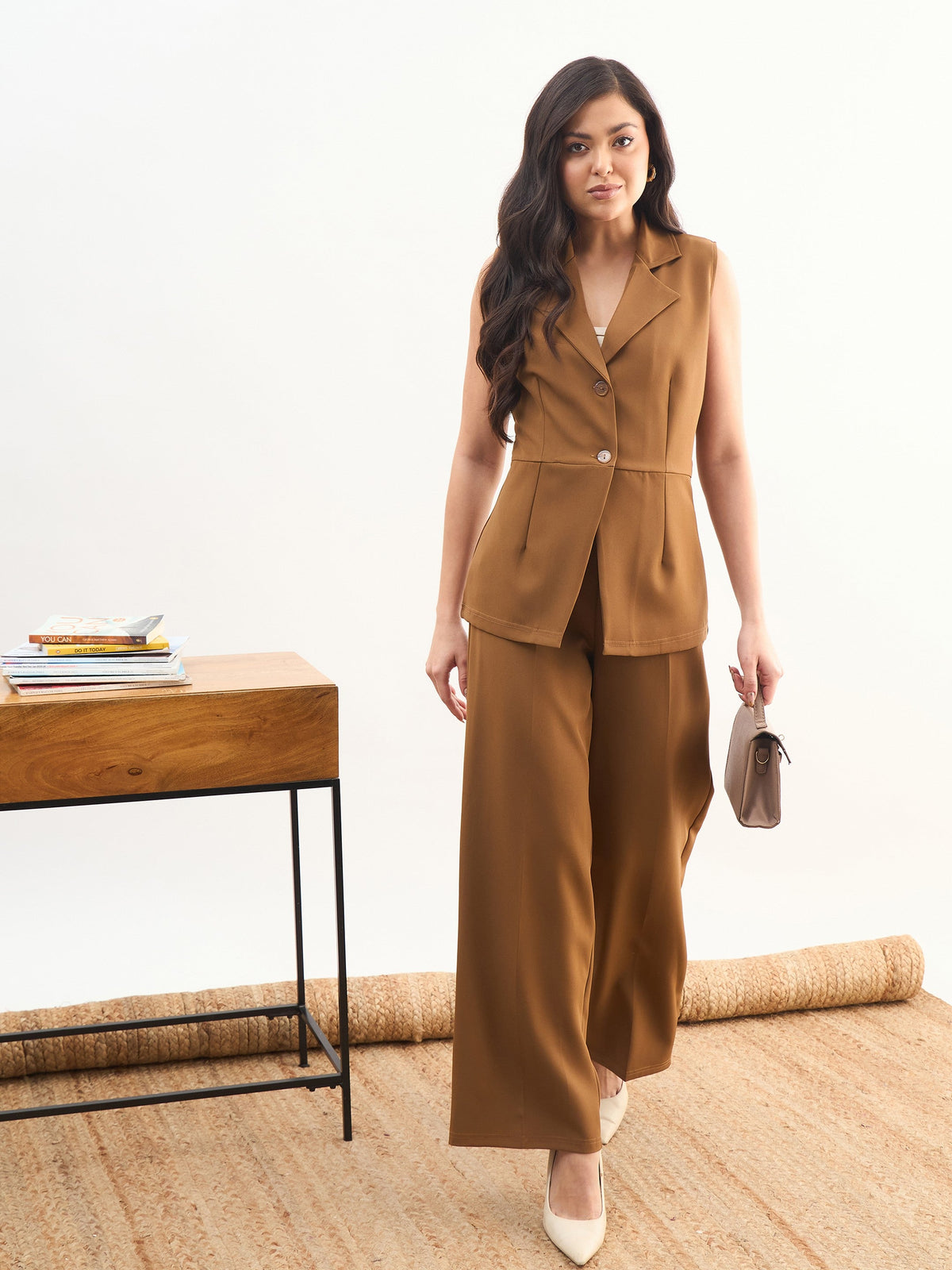 Tan Brown Notch Collar Sleeveless Top With Elasticated Pant-SASSAFRAS worklyf