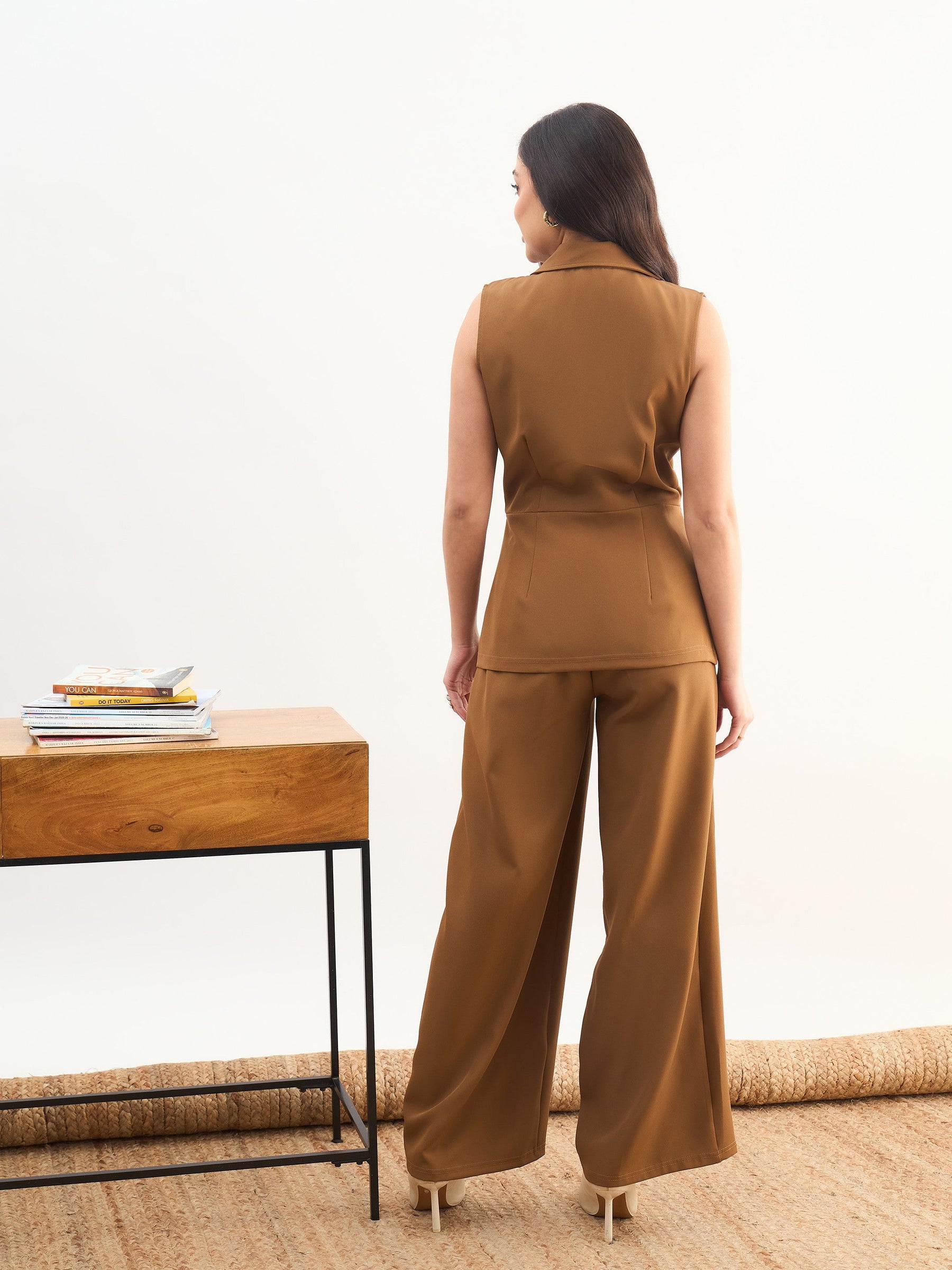 Tan Brown Notch Collar Sleeveless Top With Elasticated Pant-SASSAFRAS worklyf