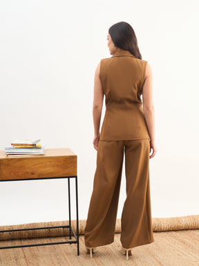 Tan Brown Notch Collar Sleeveless Top With Elasticated Pant-SASSAFRAS worklyf