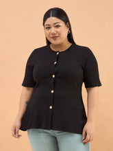 Black Rib Button Down Peplum Top -SASSAFRAS Curve