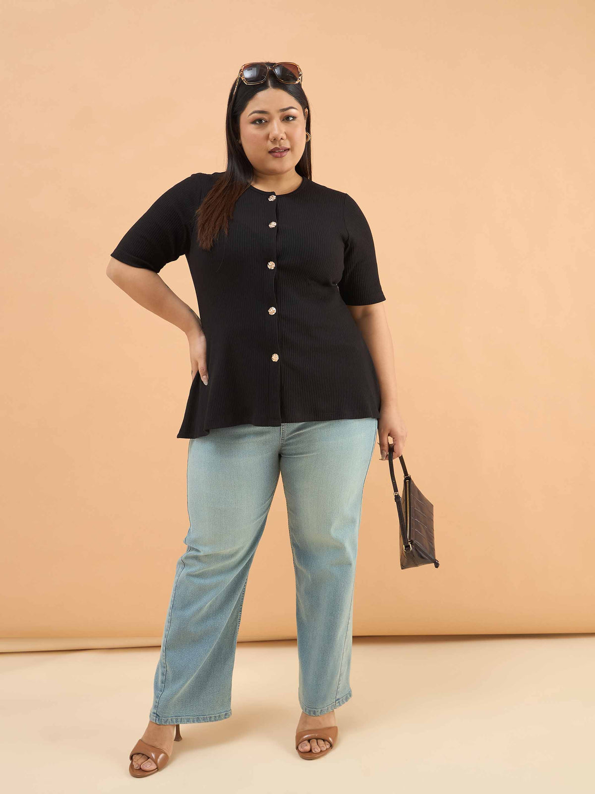 Black Rib Button Down Peplum Top -SASSAFRAS Curve