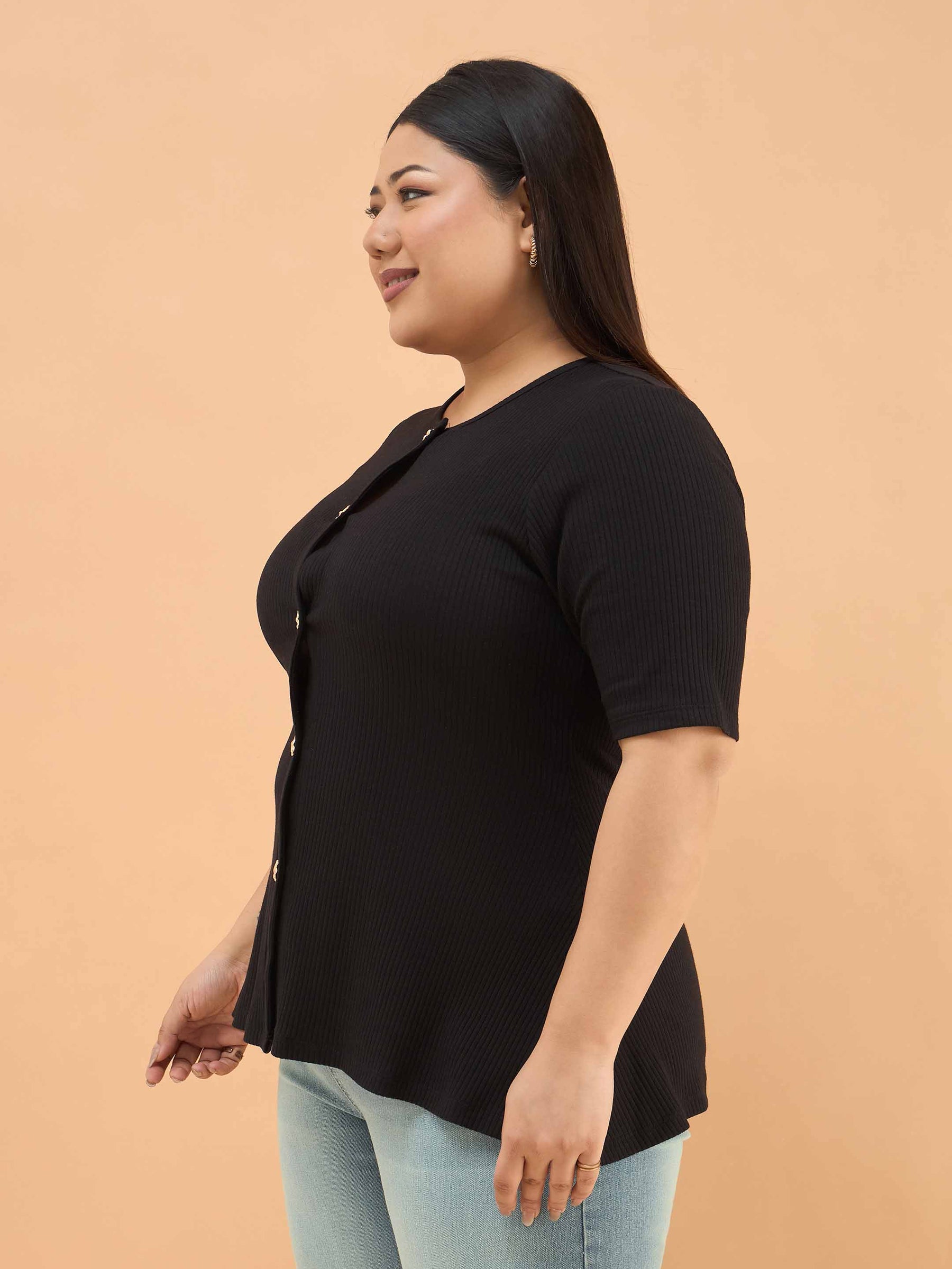 Black Rib Button Down Peplum Top -SASSAFRAS Curve
