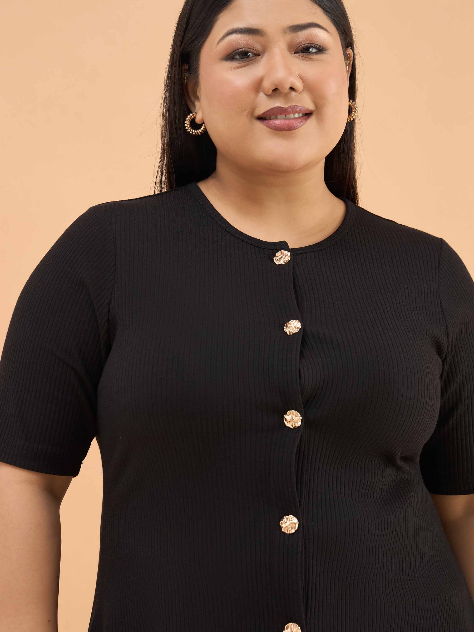 Black Rib Button Down Peplum Top -SASSAFRAS Curve