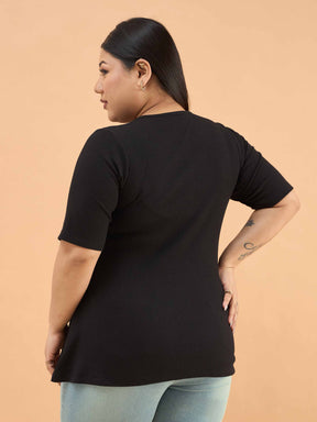 Black Rib Button Down Peplum Top -SASSAFRAS Curve