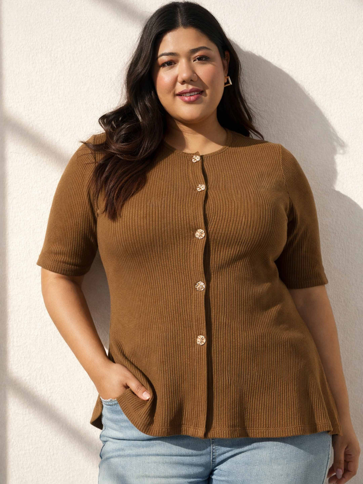 Brown Rib Button Down Peplum Top -SASSAFRAS Curve
