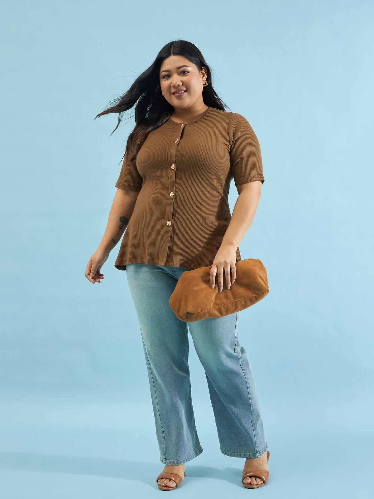 Brown Rib Button Down Peplum Top -SASSAFRAS Curve