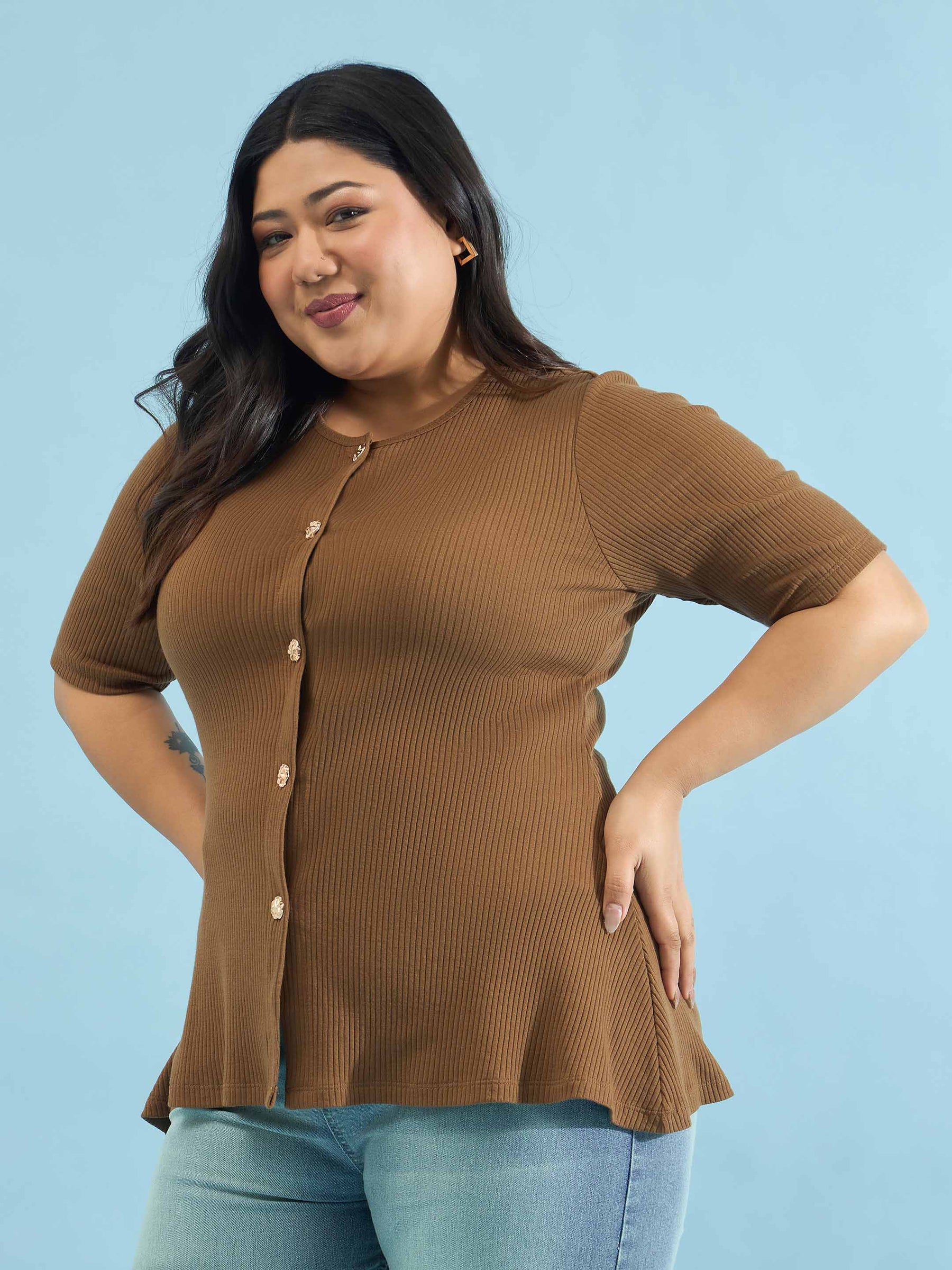 Brown Rib Button Down Peplum Top -SASSAFRAS Curve