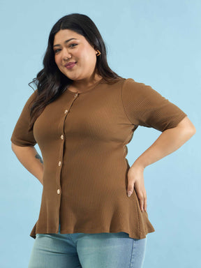 Brown Rib Button Down Peplum Top -SASSAFRAS Curve