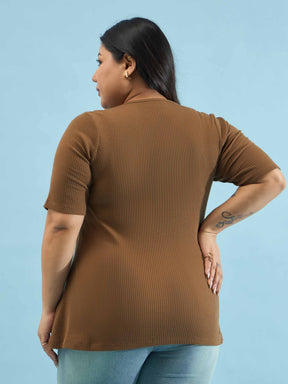 Brown Rib Button Down Peplum Top -SASSAFRAS Curve