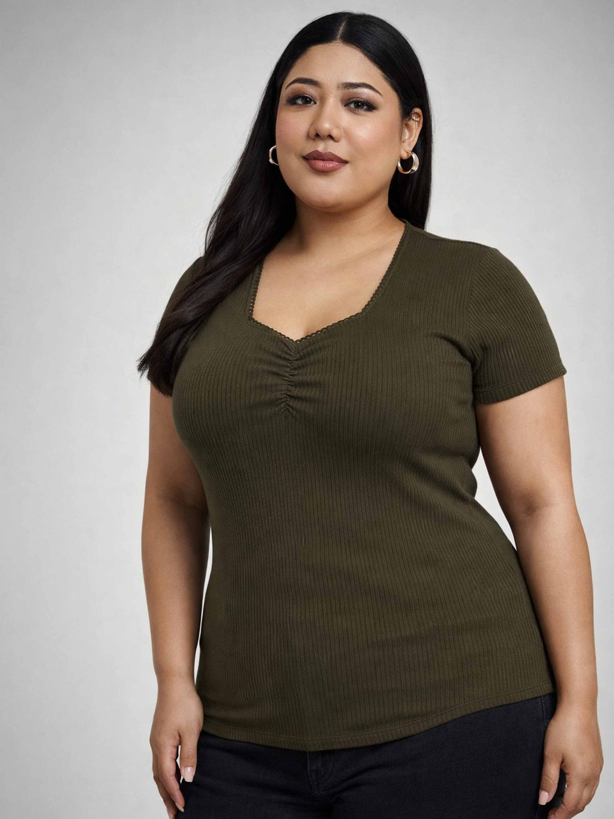 Olive Rib Front Ruched Lace Top-SASSAFRAS Curve