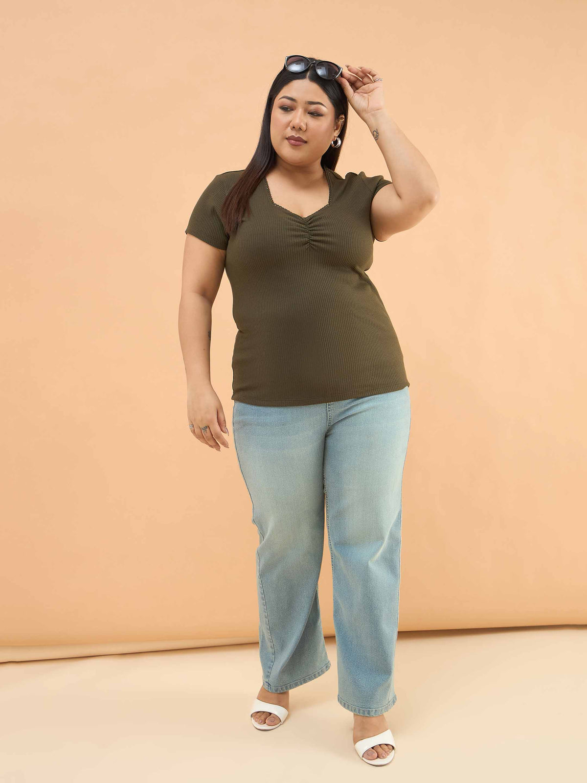 Olive Rib Front Ruched Lace Top-SASSAFRAS Curve