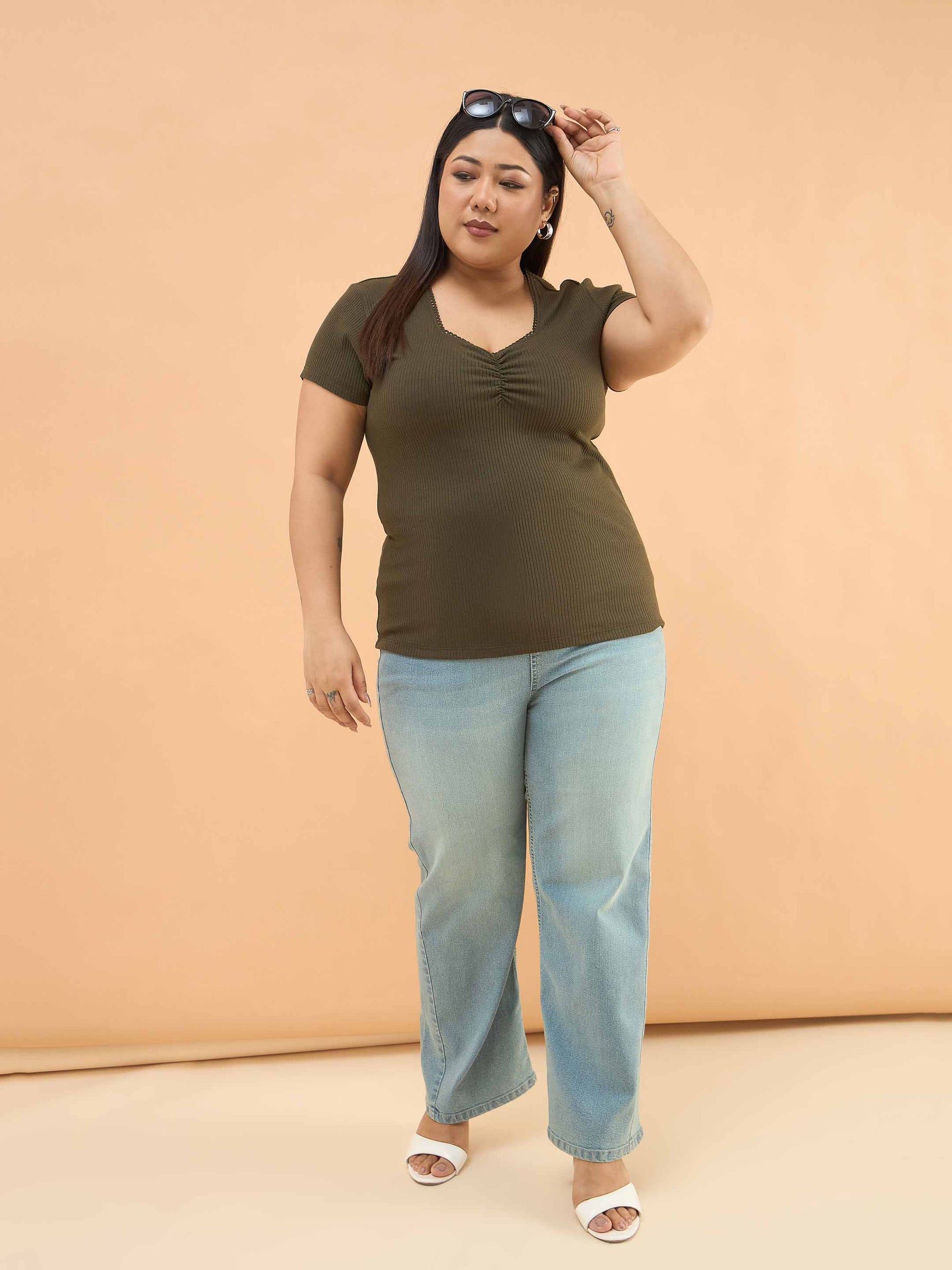 Olive Rib Front Ruched Lace Top-SASSAFRAS Curve