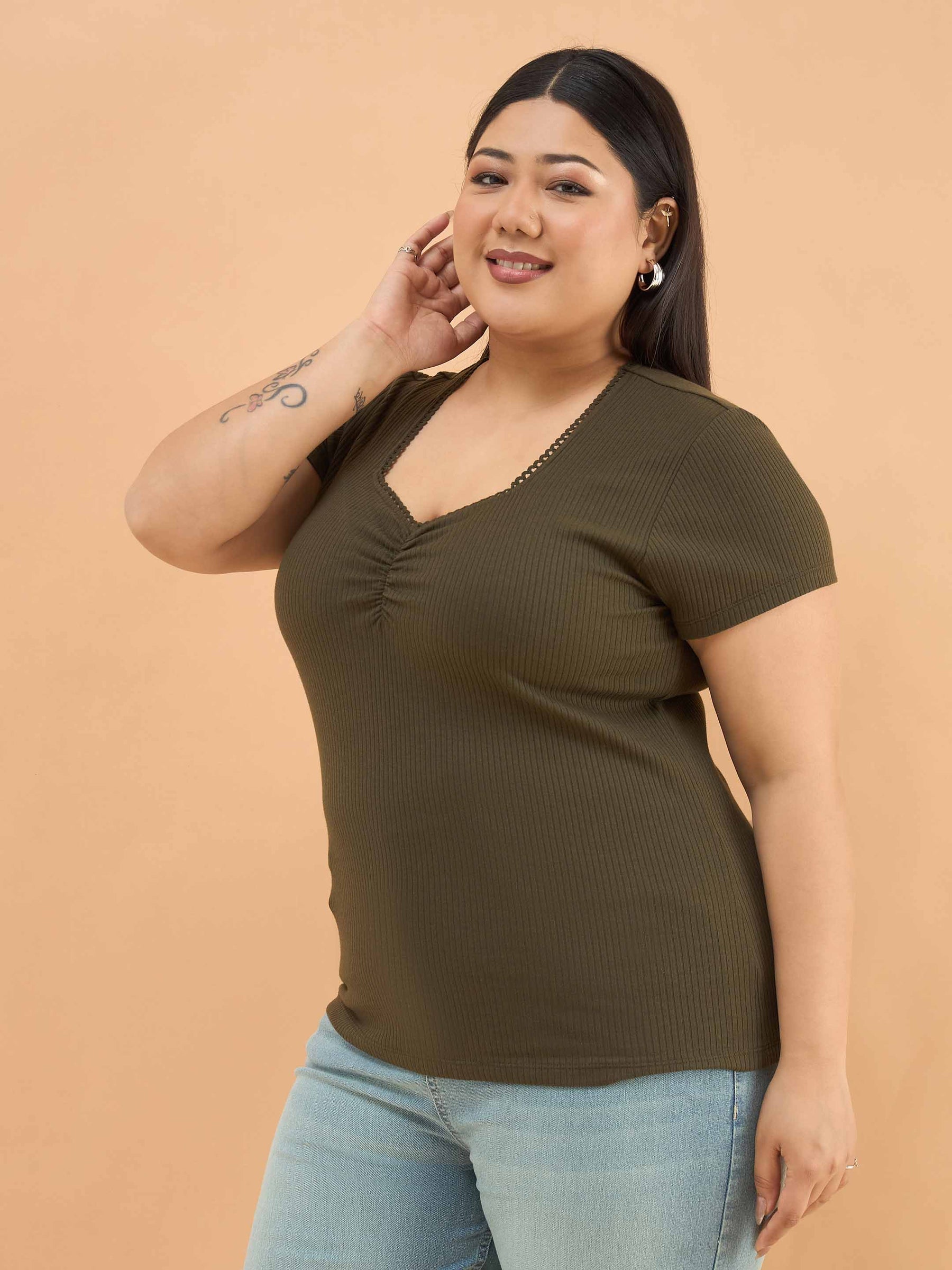 Olive Rib Front Ruched Lace Top-SASSAFRAS Curve