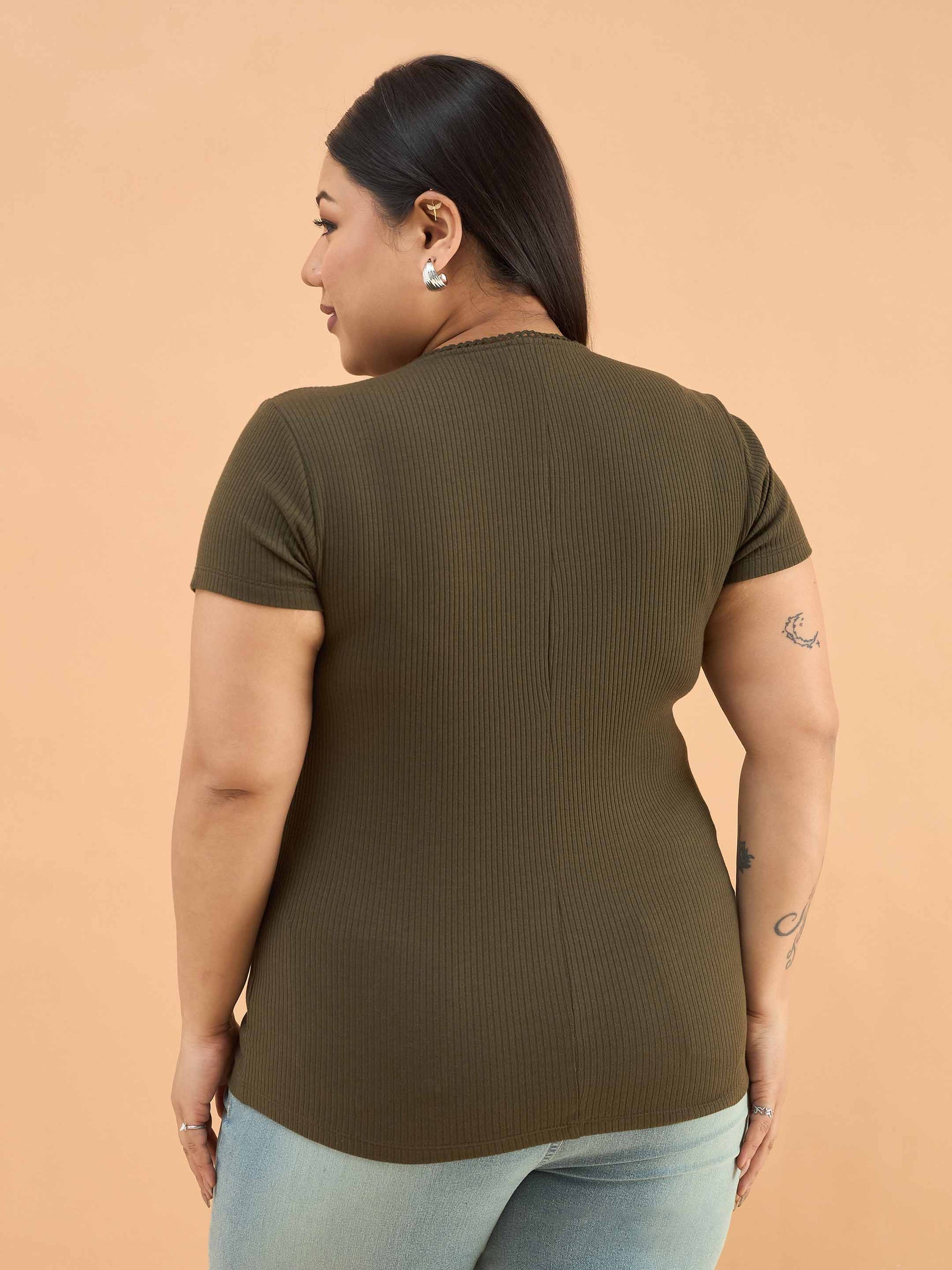 Olive Rib Front Ruched Lace Top-SASSAFRAS Curve