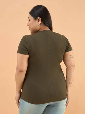 Olive Rib Front Ruched Lace Top-SASSAFRAS Curve