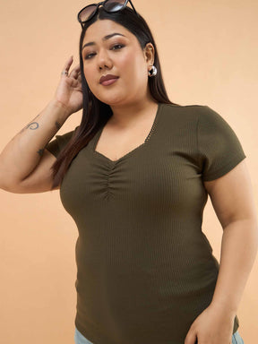 Women Olive Rib Front Ruched Lace Top