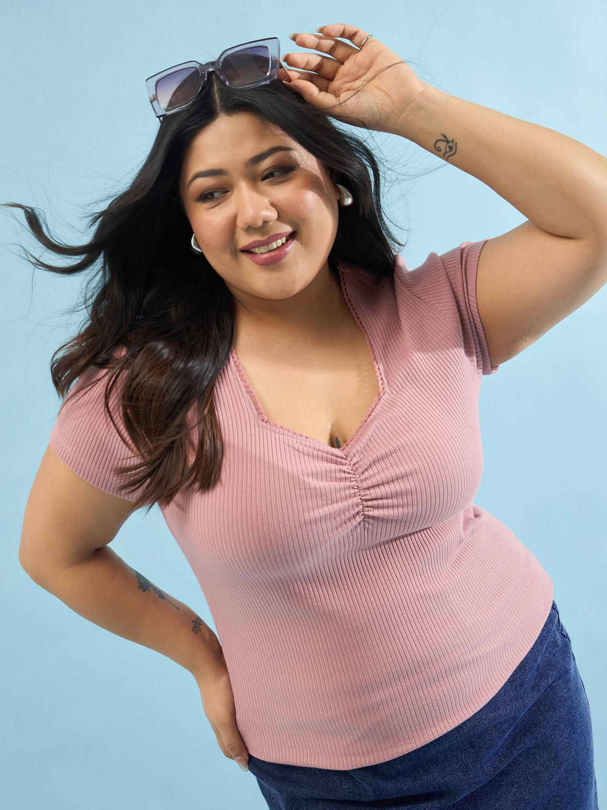 Pink Rib Front Ruched Lace Top-SASSAFRAS Curve