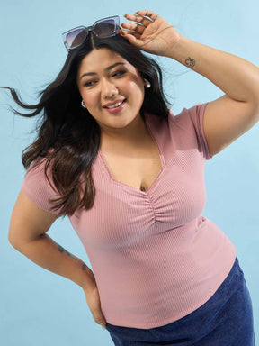 Pink Rib Front Ruched Lace Top-SASSAFRAS Curve