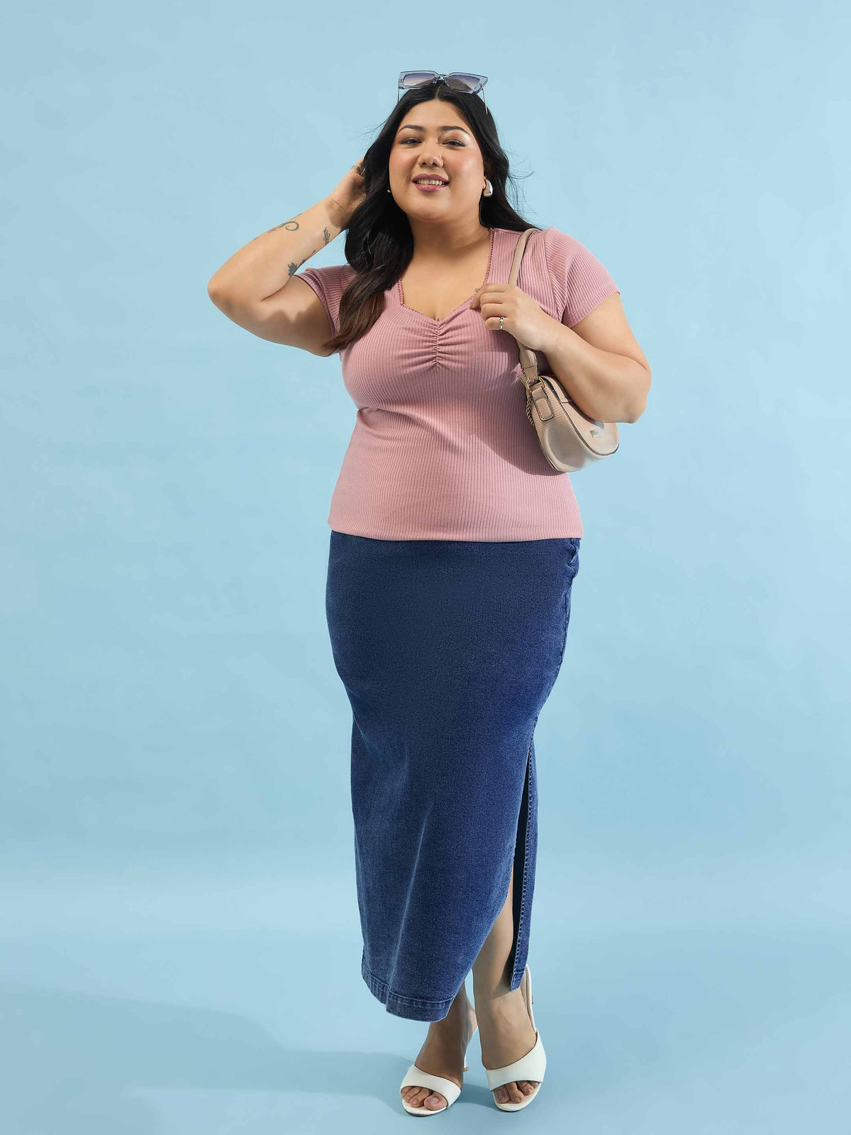 Pink Rib Front Ruched Lace Top-SASSAFRAS Curve