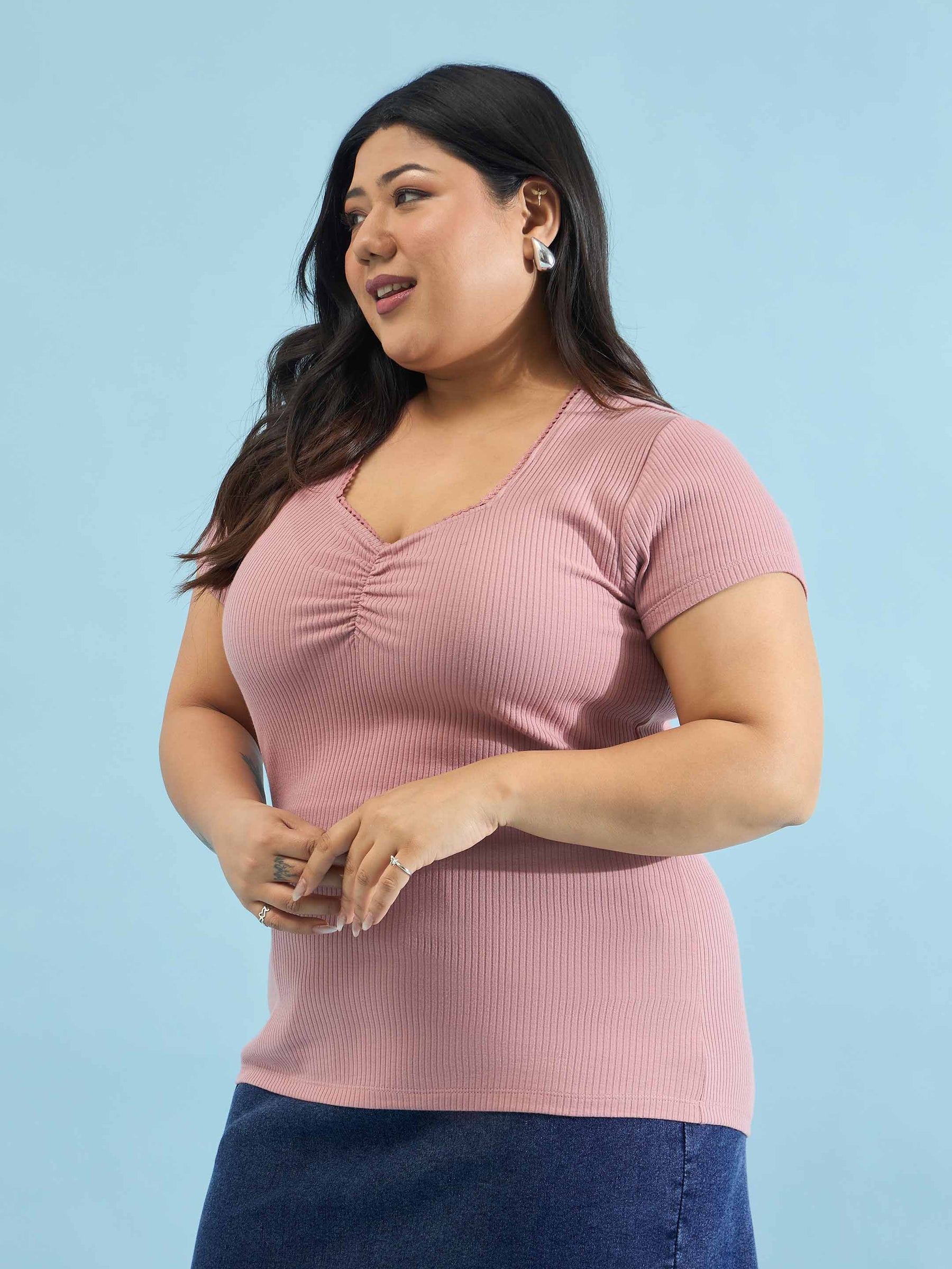 Pink Rib Front Ruched Lace Top-SASSAFRAS Curve