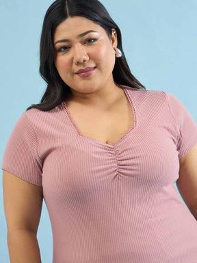 Pink Rib Front Ruched Lace Top-SASSAFRAS Curve