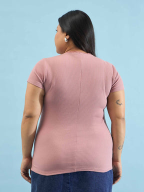 Pink Rib Front Ruched Lace Top-SASSAFRAS Curve