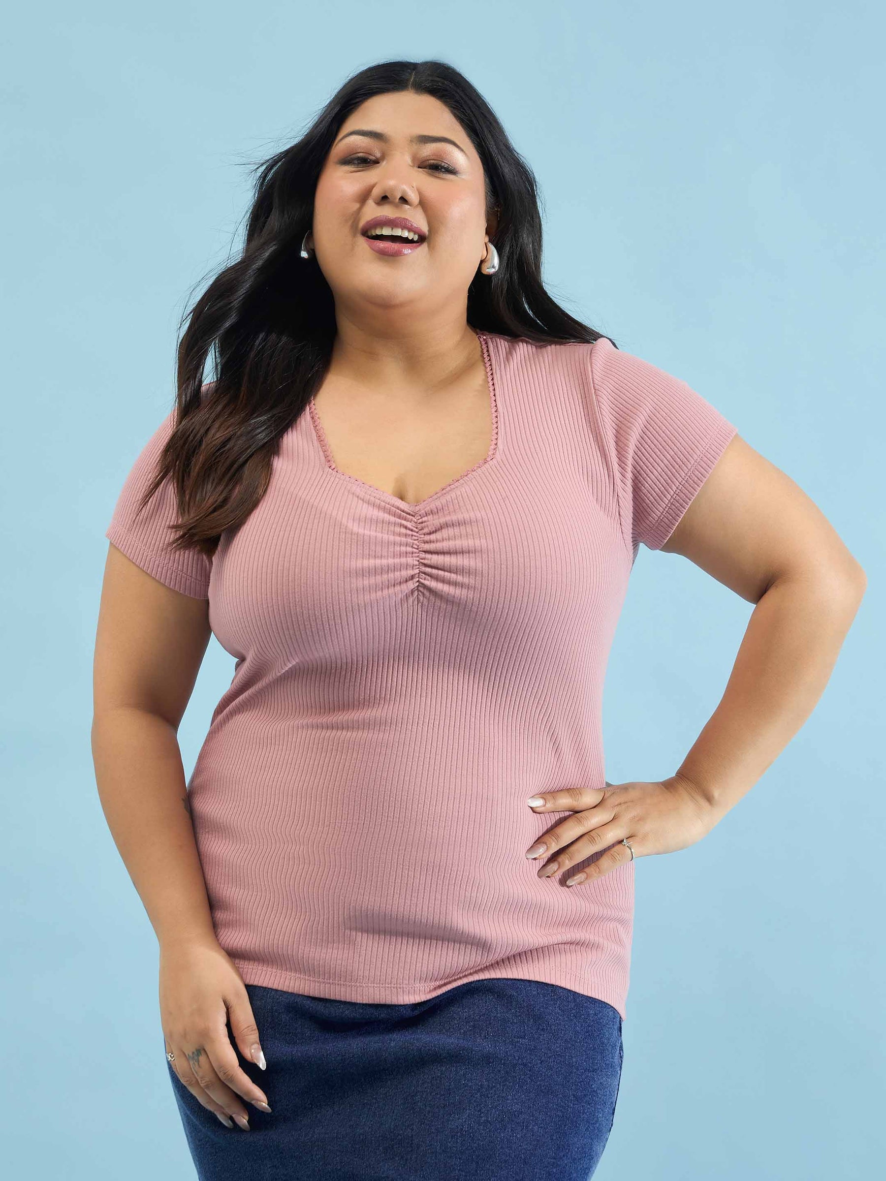 Women Pink Rib Front Ruched Lace Top