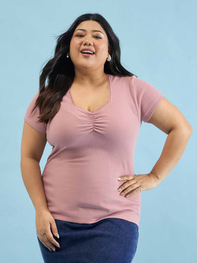 Women Pink Rib Front Ruched Lace Top