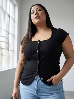 Black Rib Square-Neck Button Down Top-SASSAFRAS Curve