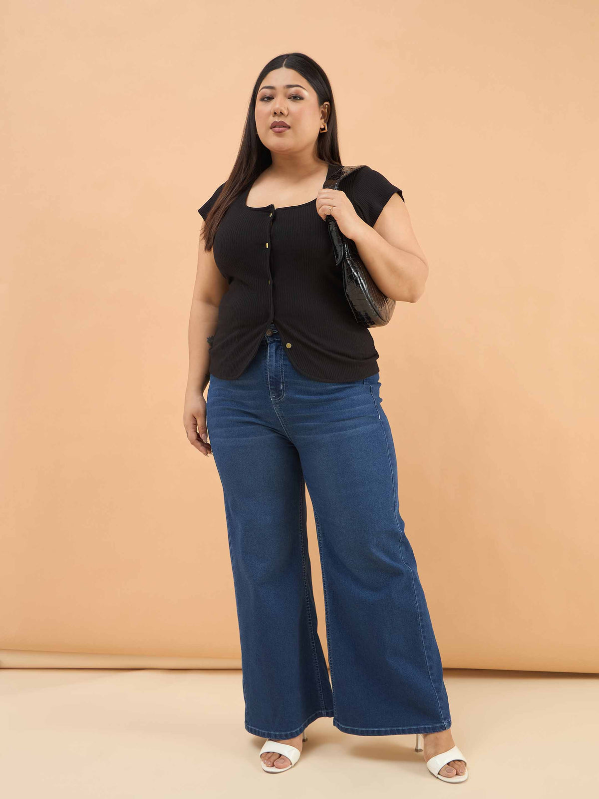 Black Rib Square-Neck Button Down Top-SASSAFRAS Curve