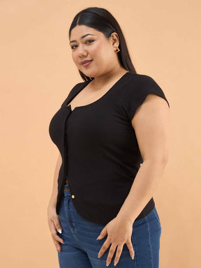 Black Rib Square-Neck Button Down Top-SASSAFRAS Curve