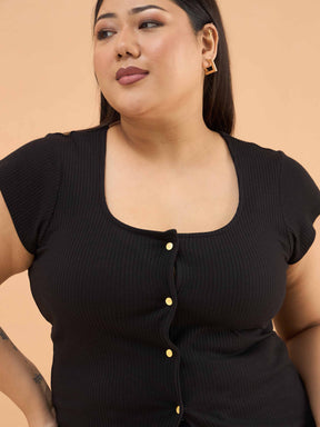 Black Rib Square-Neck Button Down Top-SASSAFRAS Curve
