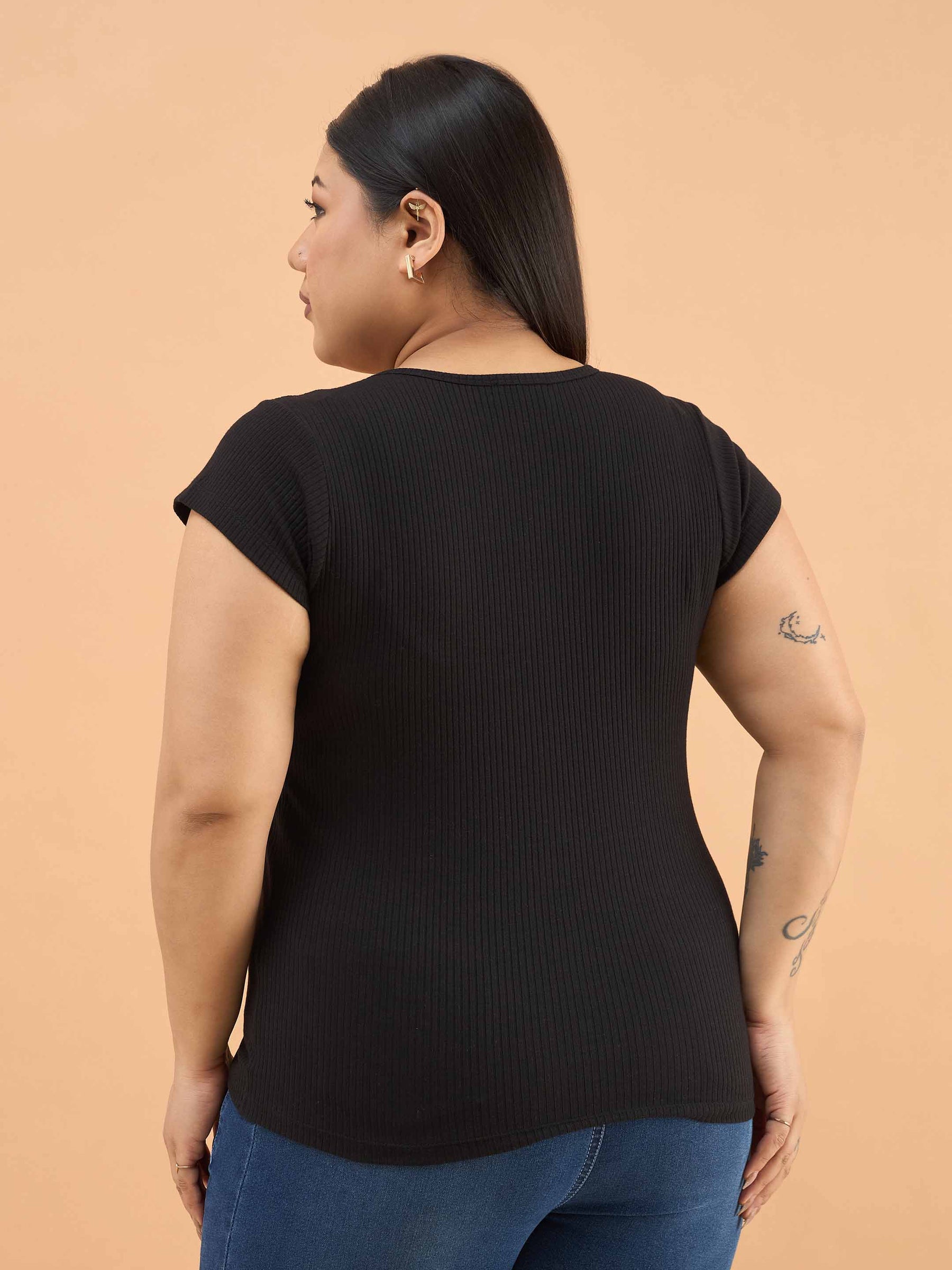 Black Rib Square-Neck Button Down Top-SASSAFRAS Curve