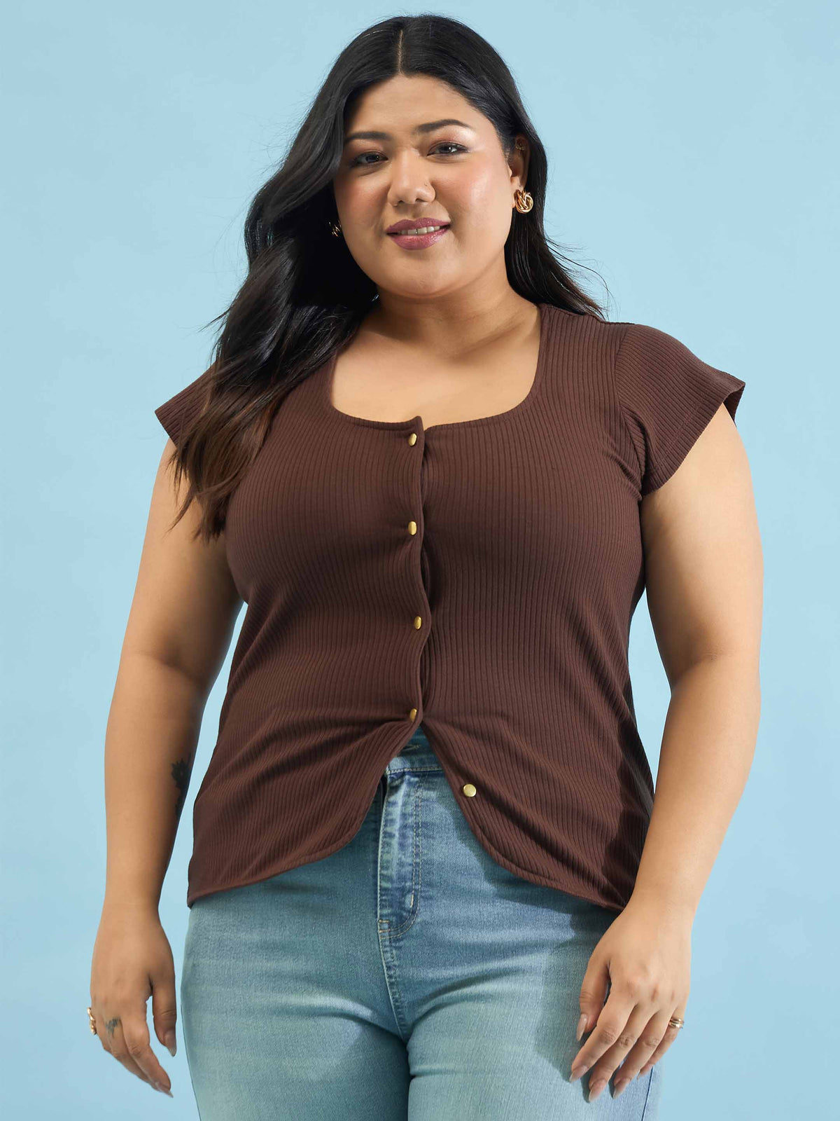 Brown Rib Square-Neck Button Down Top-SASSAFRAS Curve