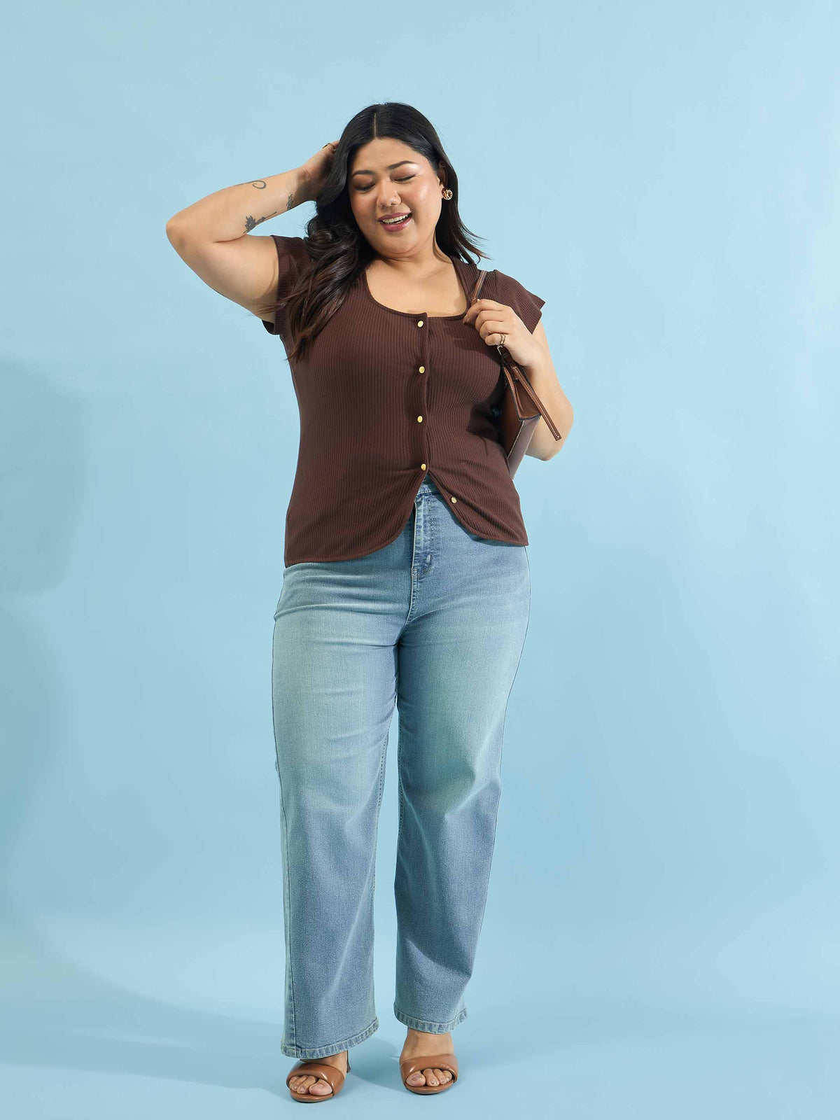 Brown Rib Square-Neck Button Down Top-SASSAFRAS Curve