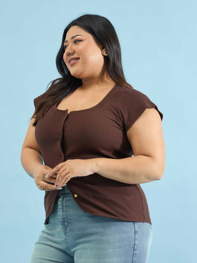 Brown Rib Square-Neck Button Down Top-SASSAFRAS Curve
