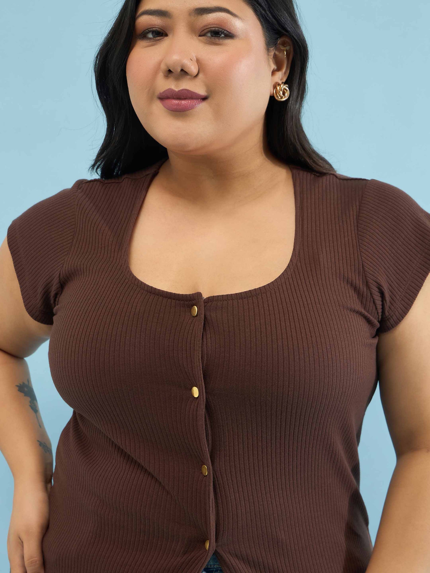 Brown Rib Square-Neck Button Down Top-SASSAFRAS Curve