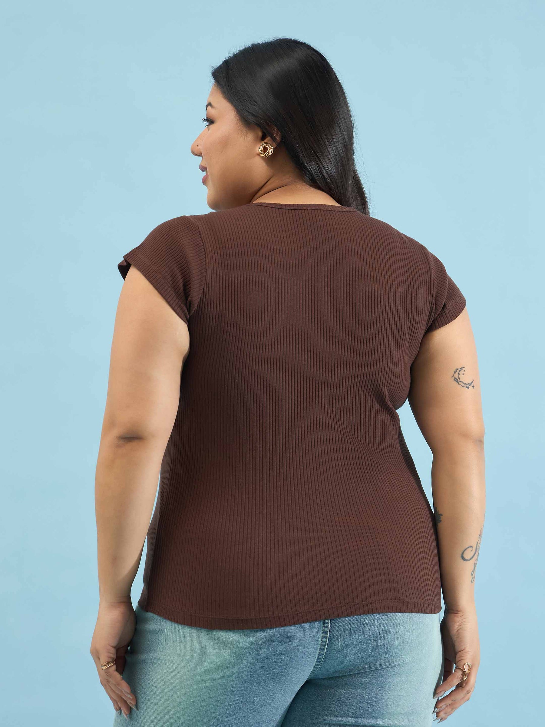 Brown Rib Square-Neck Button Down Top-SASSAFRAS Curve