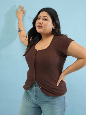 Women Brown Rib Square-Neck Button Down Top