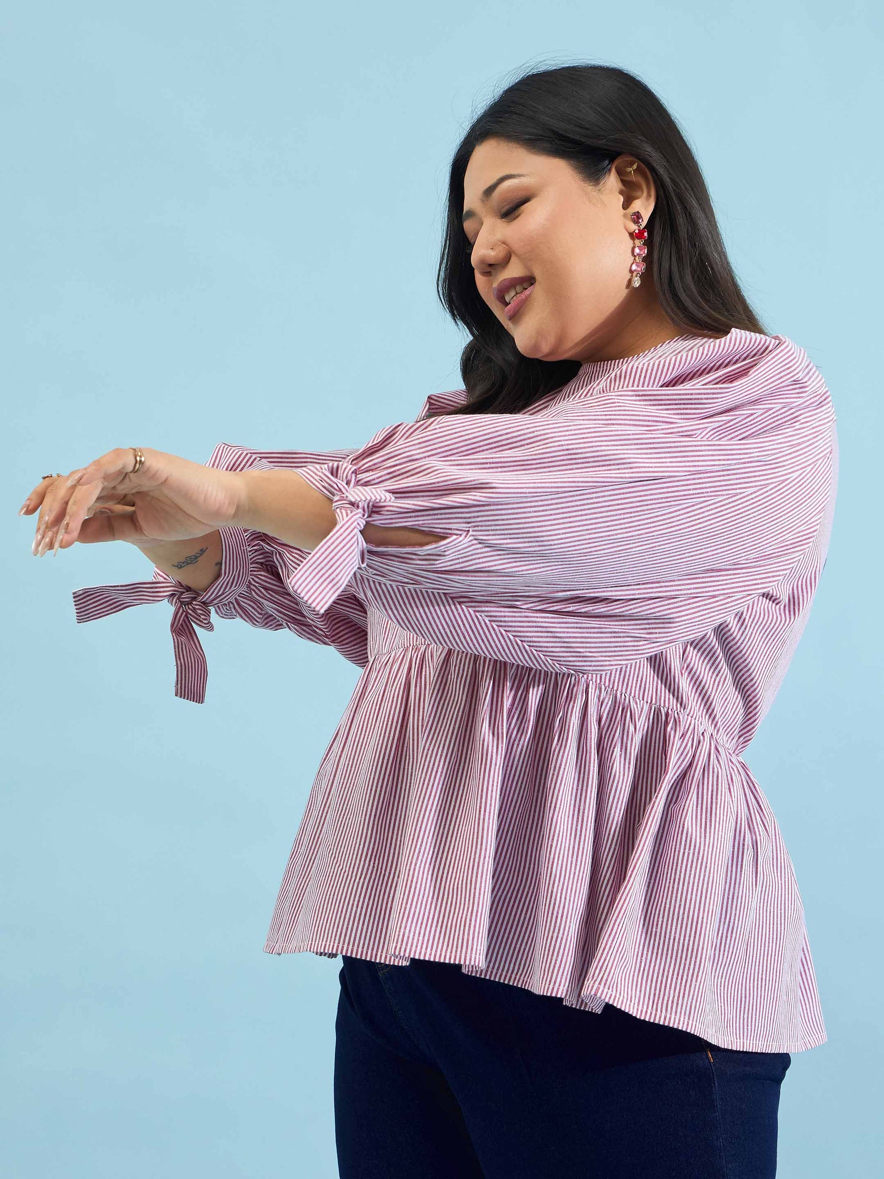 Maroon Stripes Sleeves Tie-Knot Peplum Top -SASSAFRAS Curve