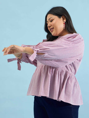 Maroon Stripes Sleeves Tie-Knot Peplum Top -SASSAFRAS Curve