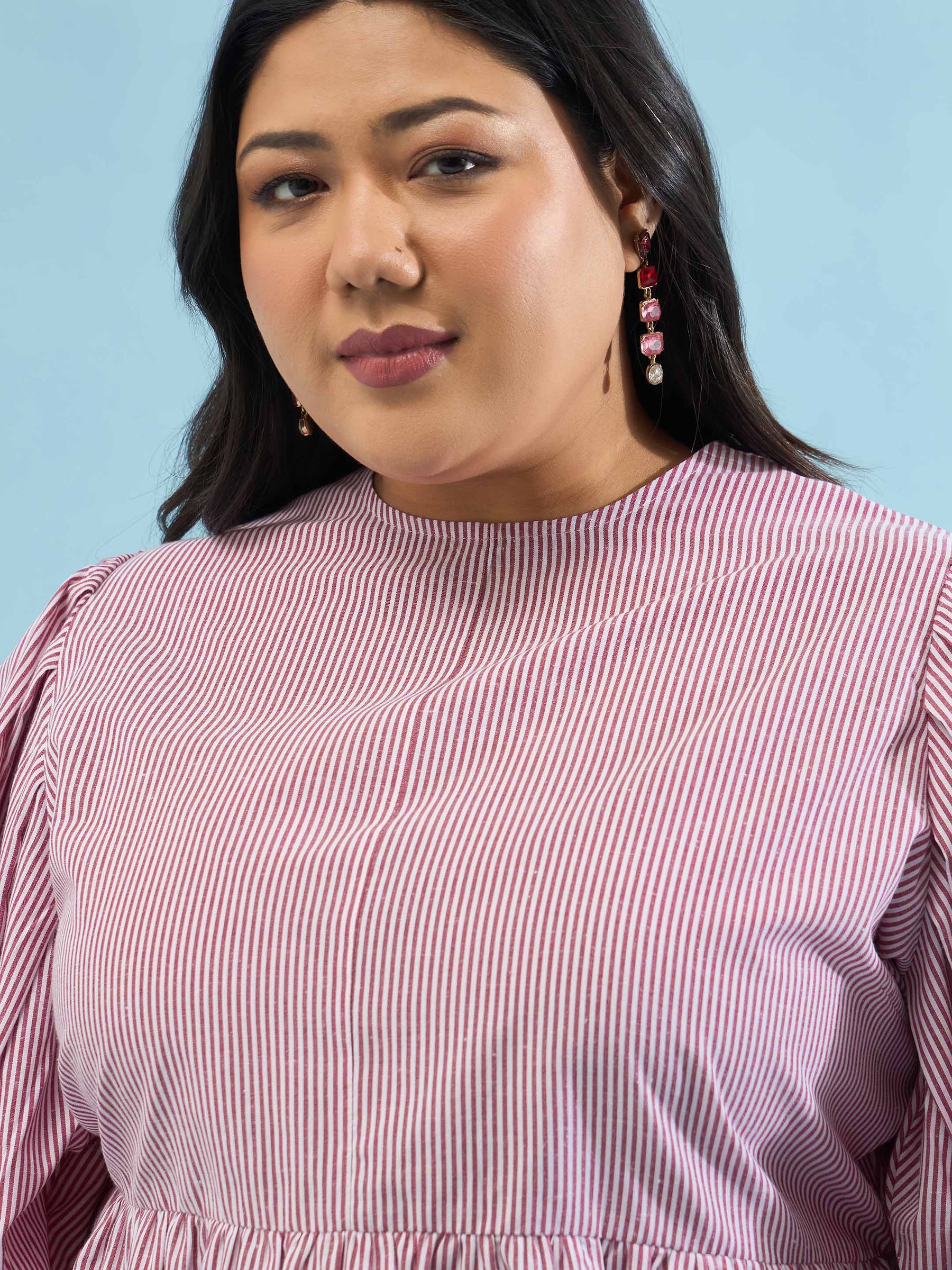 Maroon Stripes Sleeves Tie-Knot Peplum Top -SASSAFRAS Curve