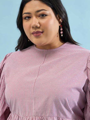 Maroon Stripes Sleeves Tie-Knot Peplum Top -SASSAFRAS Curve