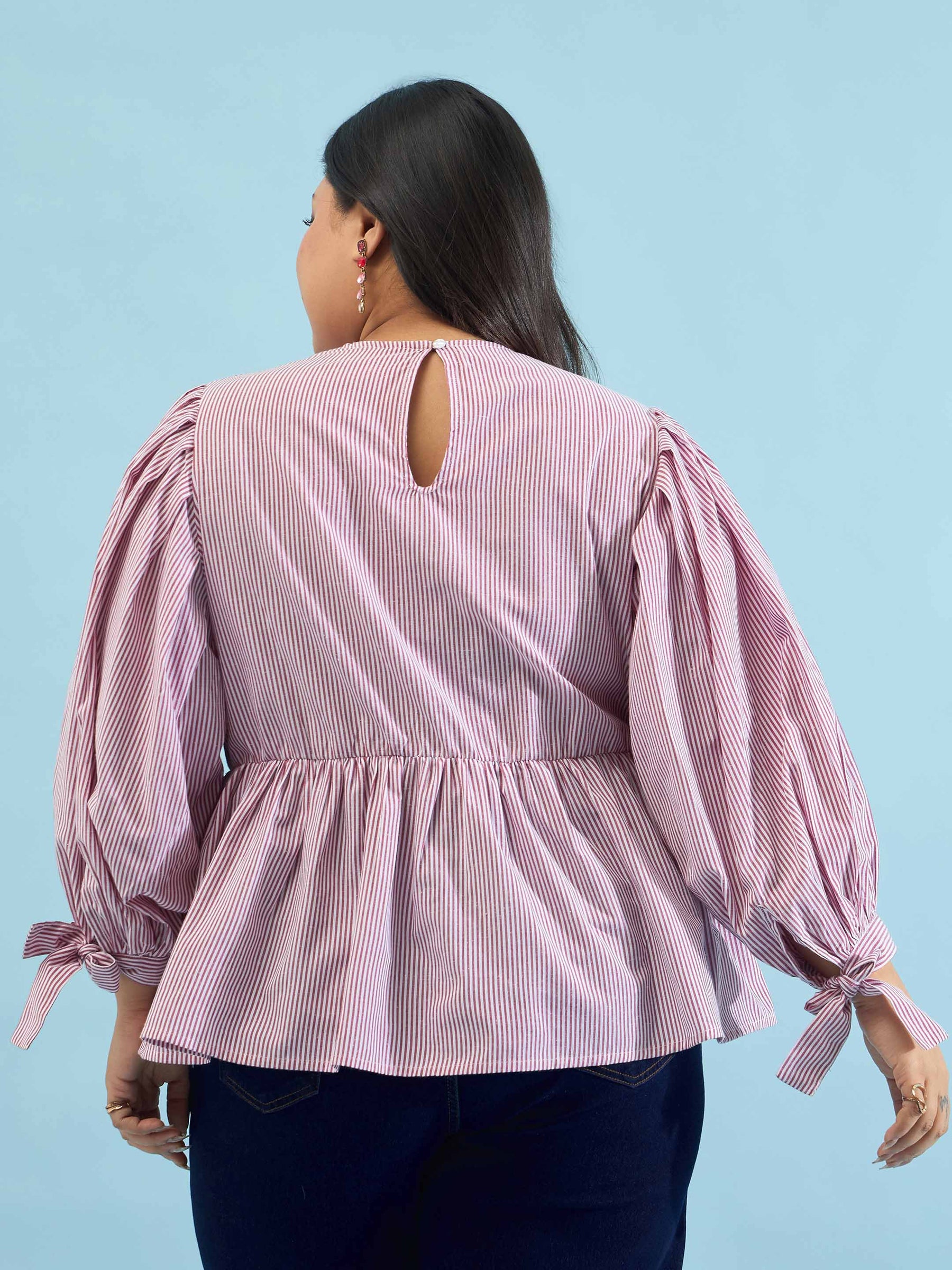 Maroon Stripes Sleeves Tie-Knot Peplum Top -SASSAFRAS Curve