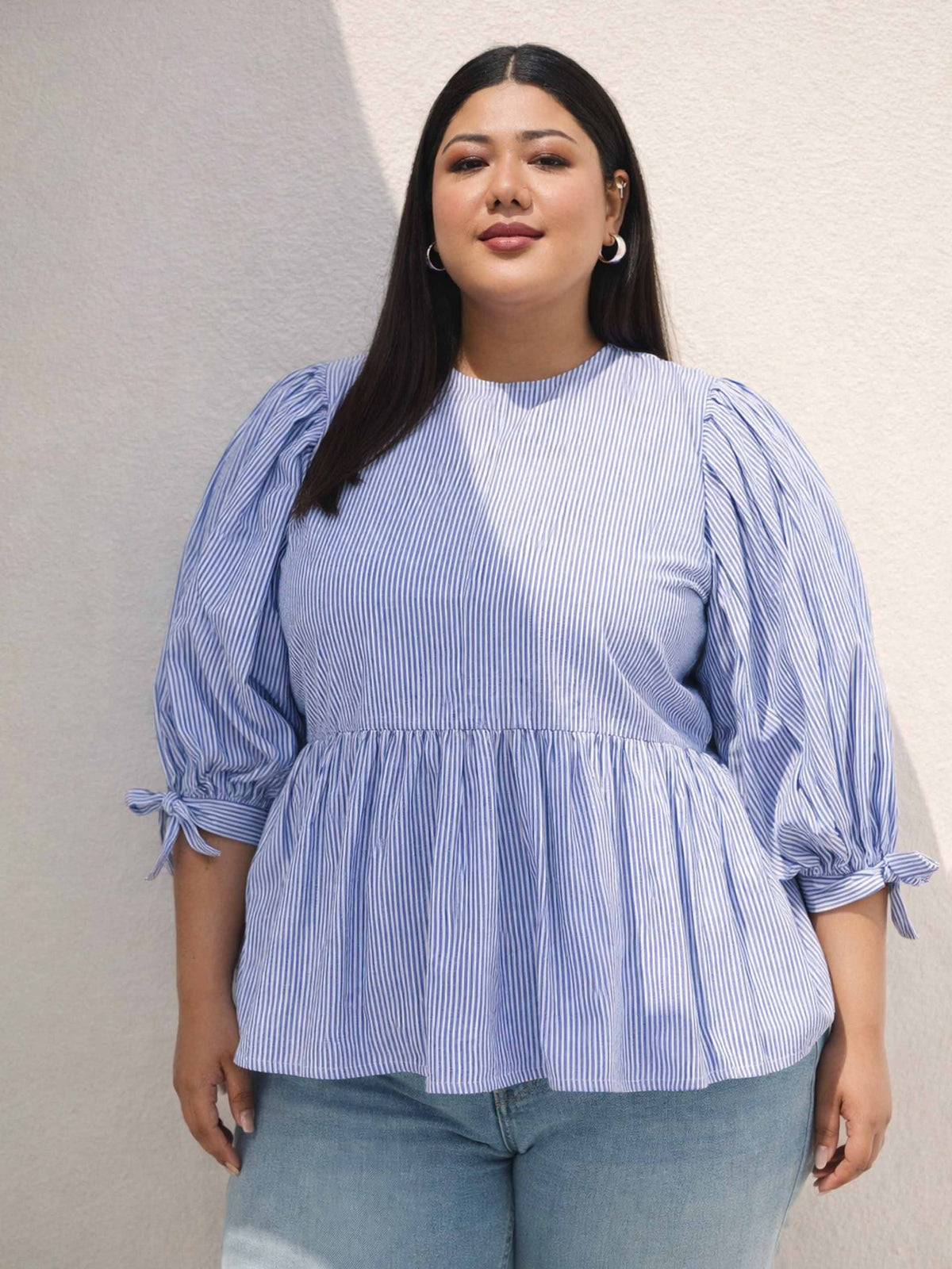 Blue Stripes Sleeves Tie-Knot Peplum Top -SASSAFRAS Curve