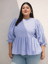 Blue Stripes Sleeves Tie-Knot Peplum Top -SASSAFRAS Curve