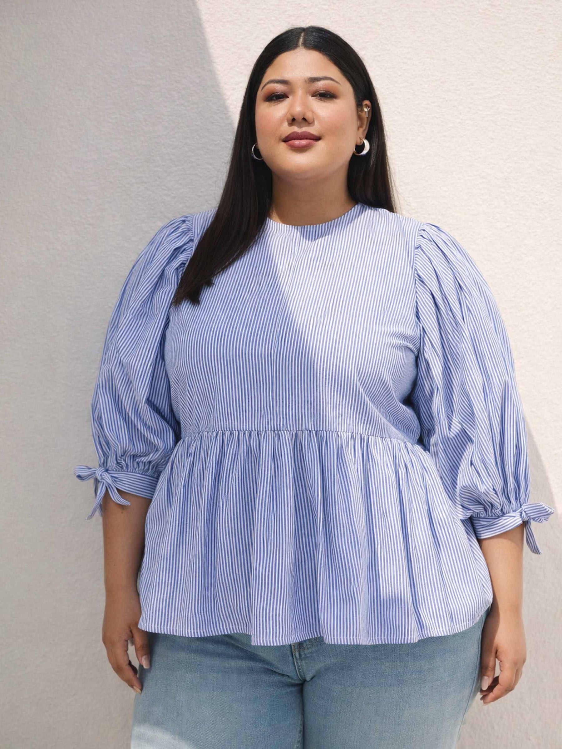 Blue Stripes Sleeves Tie-Knot Peplum Top -SASSAFRAS Curve