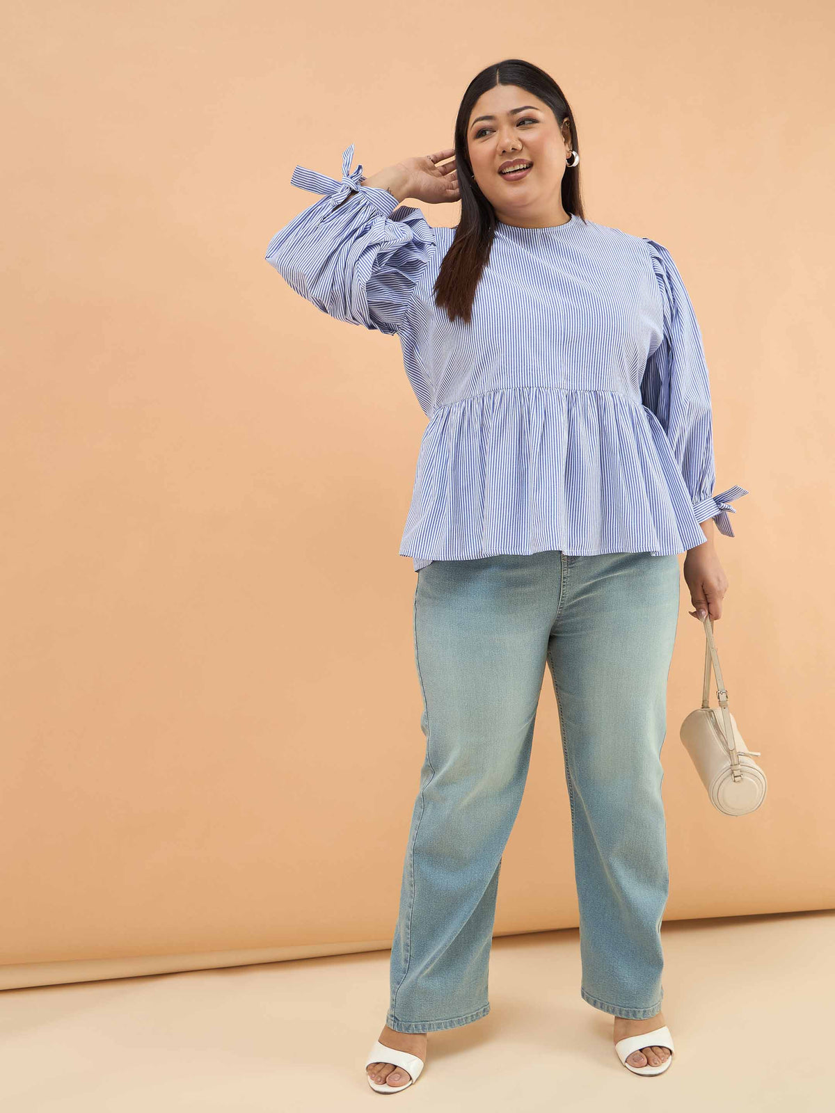 Blue Stripes Sleeves Tie-Knot Peplum Top -SASSAFRAS Curve